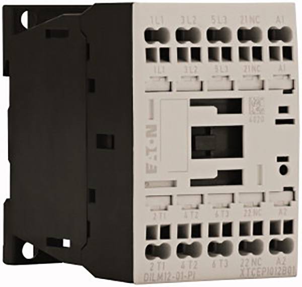 Elektryczny stycznik z wieloma zaciskami przyłączeniowymi, z bocznym napisem 'EATON' i numerem modelu 'DILM12-01-P1'.