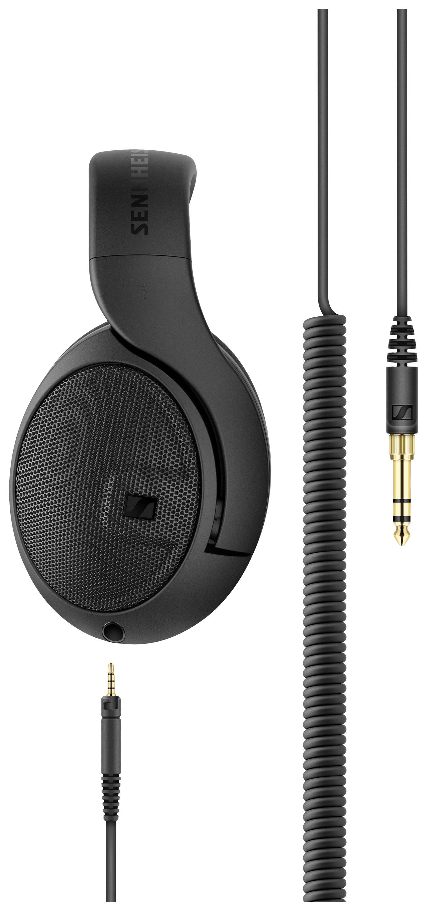 Czarne słuchawki nauszne z kablem spiralnym i wtyczką jack 6,3 mm, widok z boku.