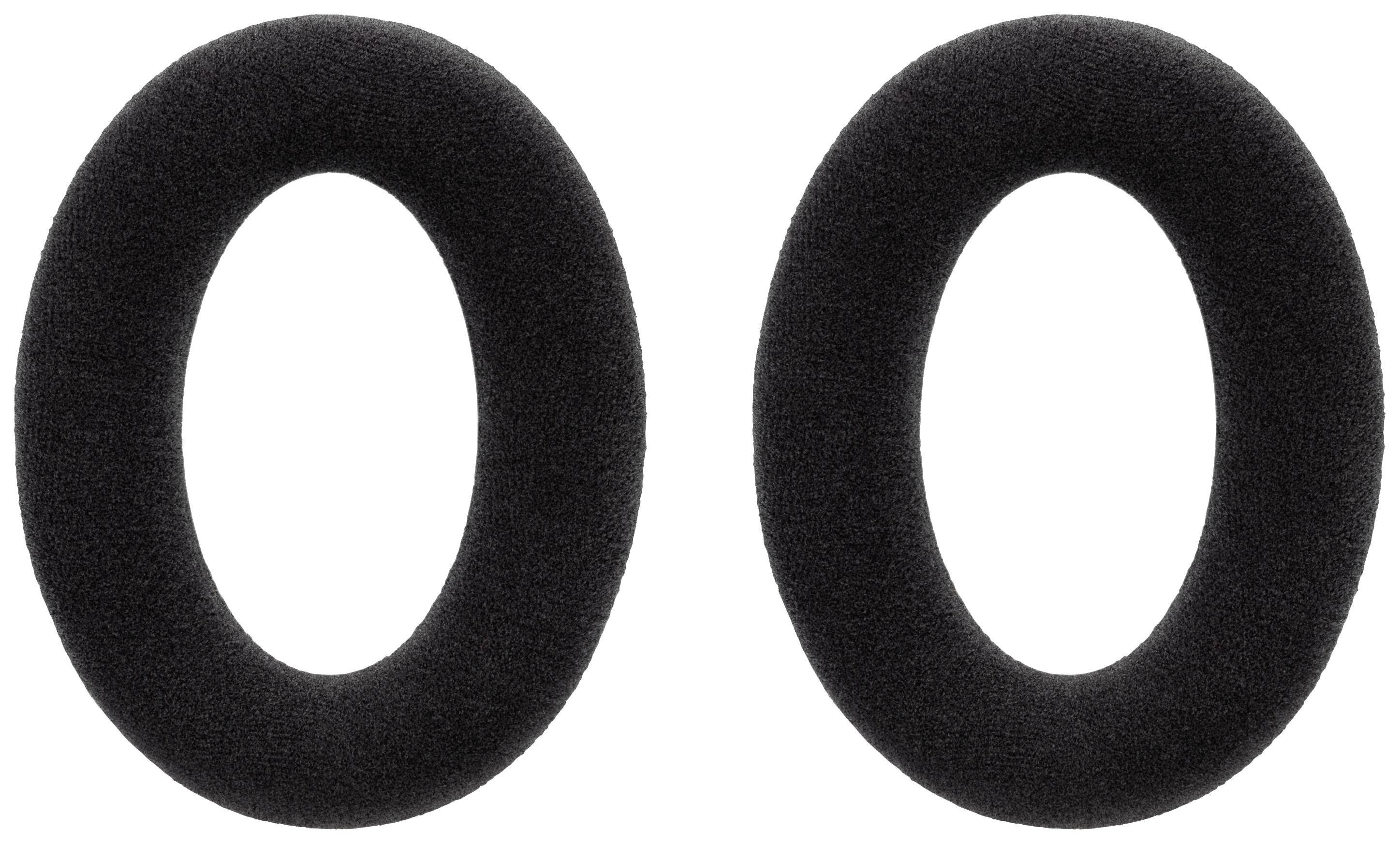 Dwie czarne, owalne nakładki nauszne obok siebie na białym tle.