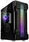 Czarna obudowa komputera z bocznym oknem i podświetlanymi paskami RGB na przedniej ściance.