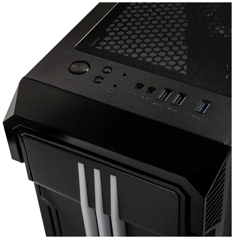 Czarne obudowa komputera z kratką wentylacyjną na górze, przyciskiem zasilania, dwoma złączami USB-A oraz jednym złączem USB-C, z gniazdami audio z przodu.