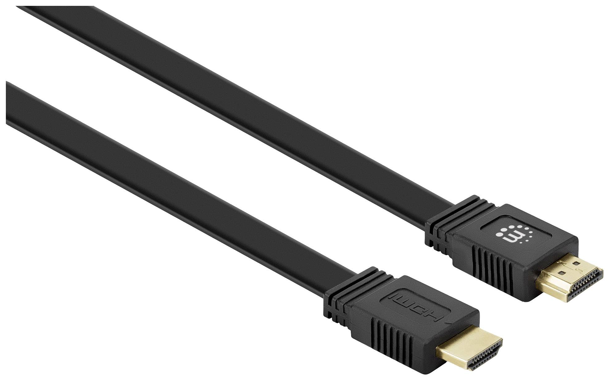 Кабель Manhattan HDMI, штекер HDMI-A, штекер HDMI-A 15.00 м, чорний 355650 4K UHD, подвійне екранування, плоский дизайн, плоска ве