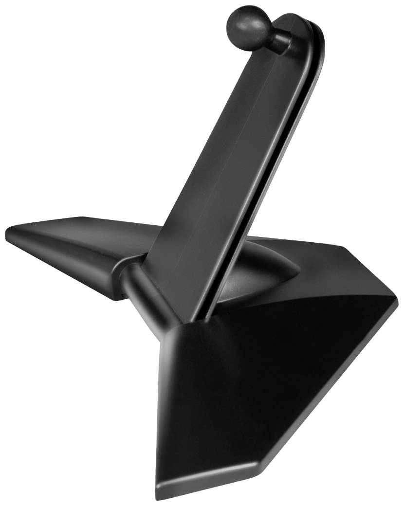 Czarny stojak na parasole z tworzywa sztucznego zakończony kulistym elementem na górze, odpowiedni do ciężkich parasoli przeciwsłonecznych.