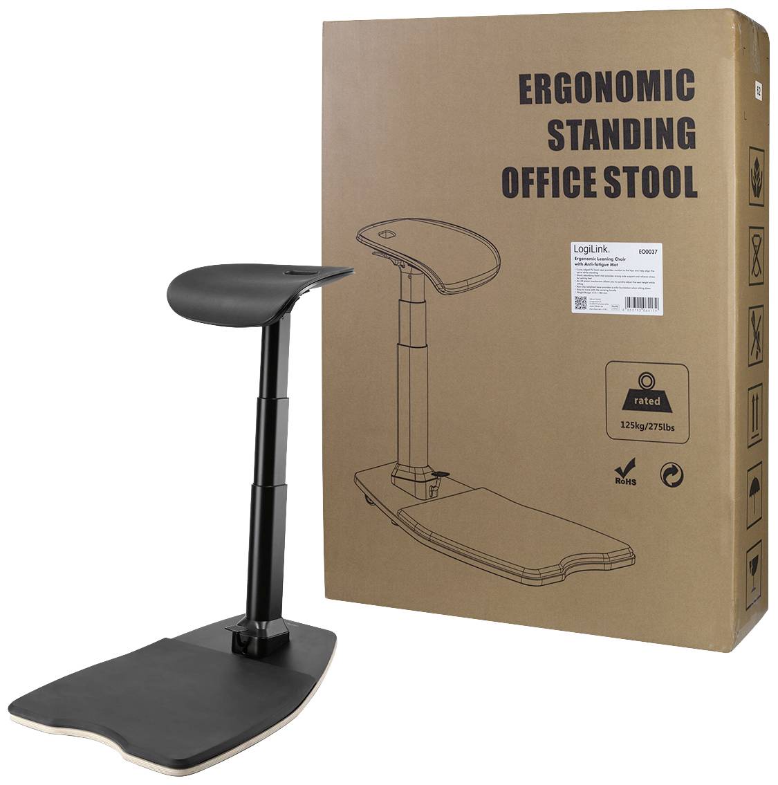 Ergonomiczny stołek do stania firmy LogiLink, czarny, regulowany, przedstawiony obok oryginalnego opakowania.