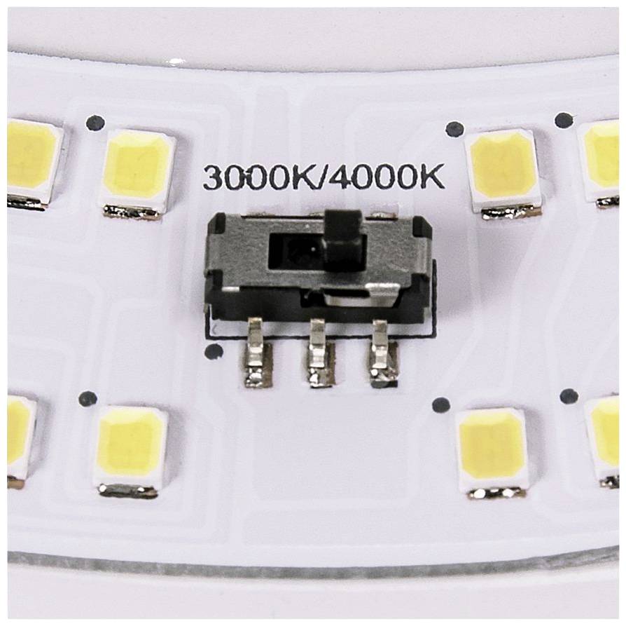 Przełącznik na płytce LED z oznaczeniem '3000K/4000K' wskazuje temperaturę barwową. Otoczony żółtymi diodami LED.