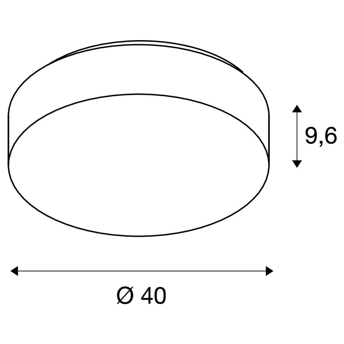 Okrągła lampa sufitowa, średnica 40 cm, wysokość 9,6 cm, prosty design.