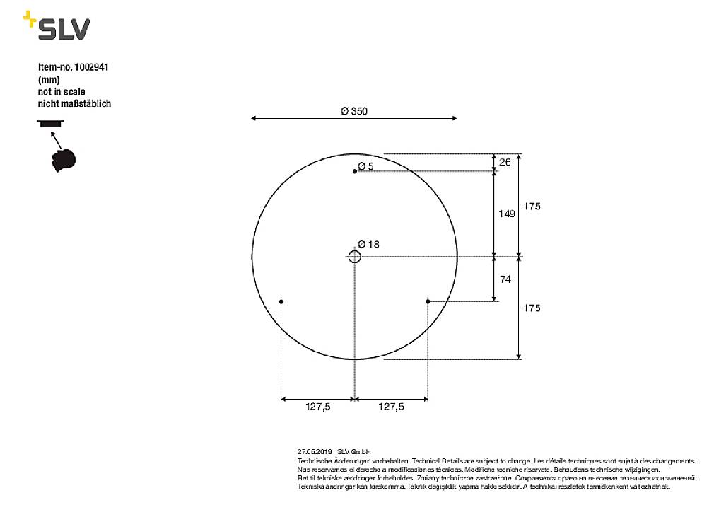 'Rysunek techniczny okrągłej płyty z wymiarami w milimetrach. Średnica 350 mm, otwór 18 mm. Rysunek nie jest wykonany w skali.'