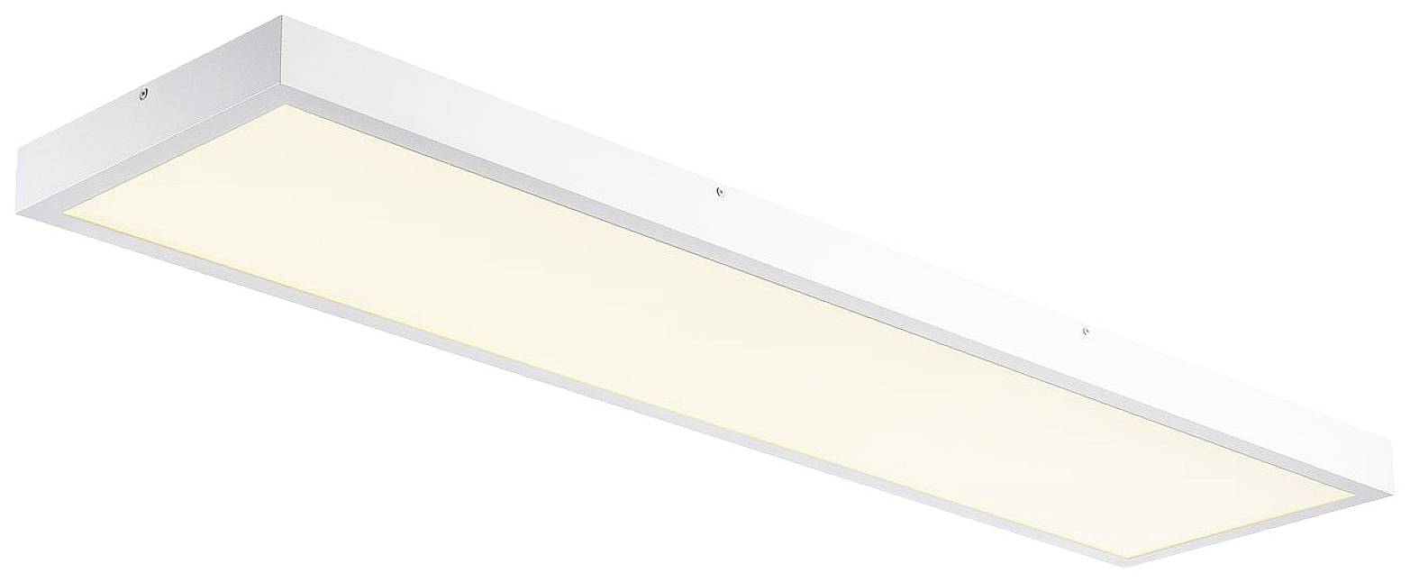 Prostokątna lampa sufitowa LED z białą ramą i matowym kloszem, rozpraszająca miękkie światło, idealna do nowoczesnych wnętrz.