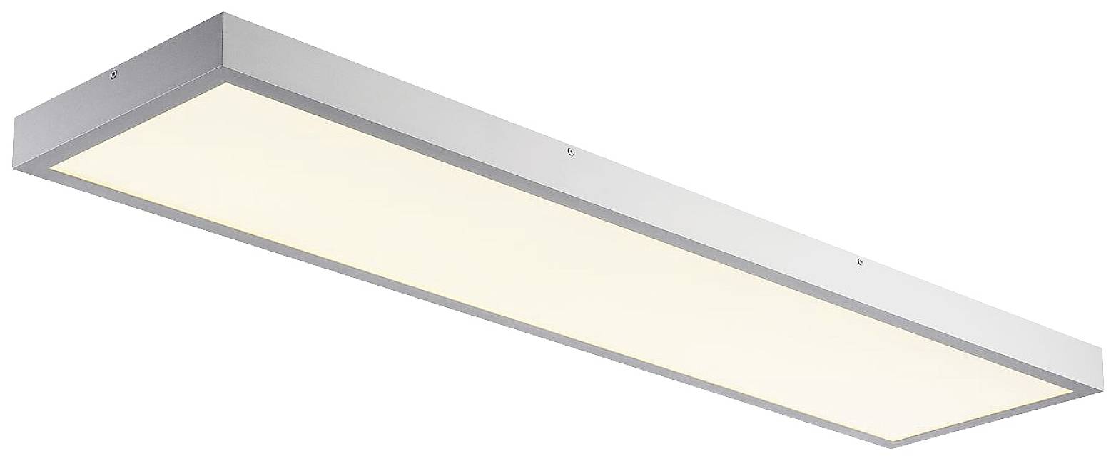 Prostokątna lampa sufitowa LED w kolorze srebrnym z białą powierzchnią świetlną. Nowoczesny design zapewniający równomierne oświetlenie wnętrz.