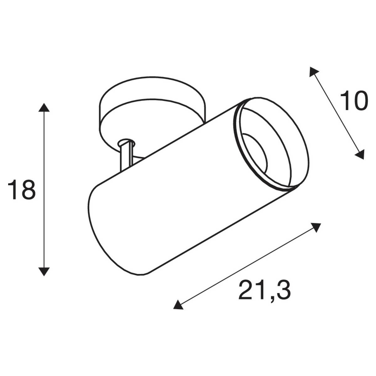 Lampa sufitowa w kształcie cylindra, długa na około 21,3 cm i wysoka na 10 cm, zamontowana na okrągłej podstawie, wisząca 18 cm od sufitu.