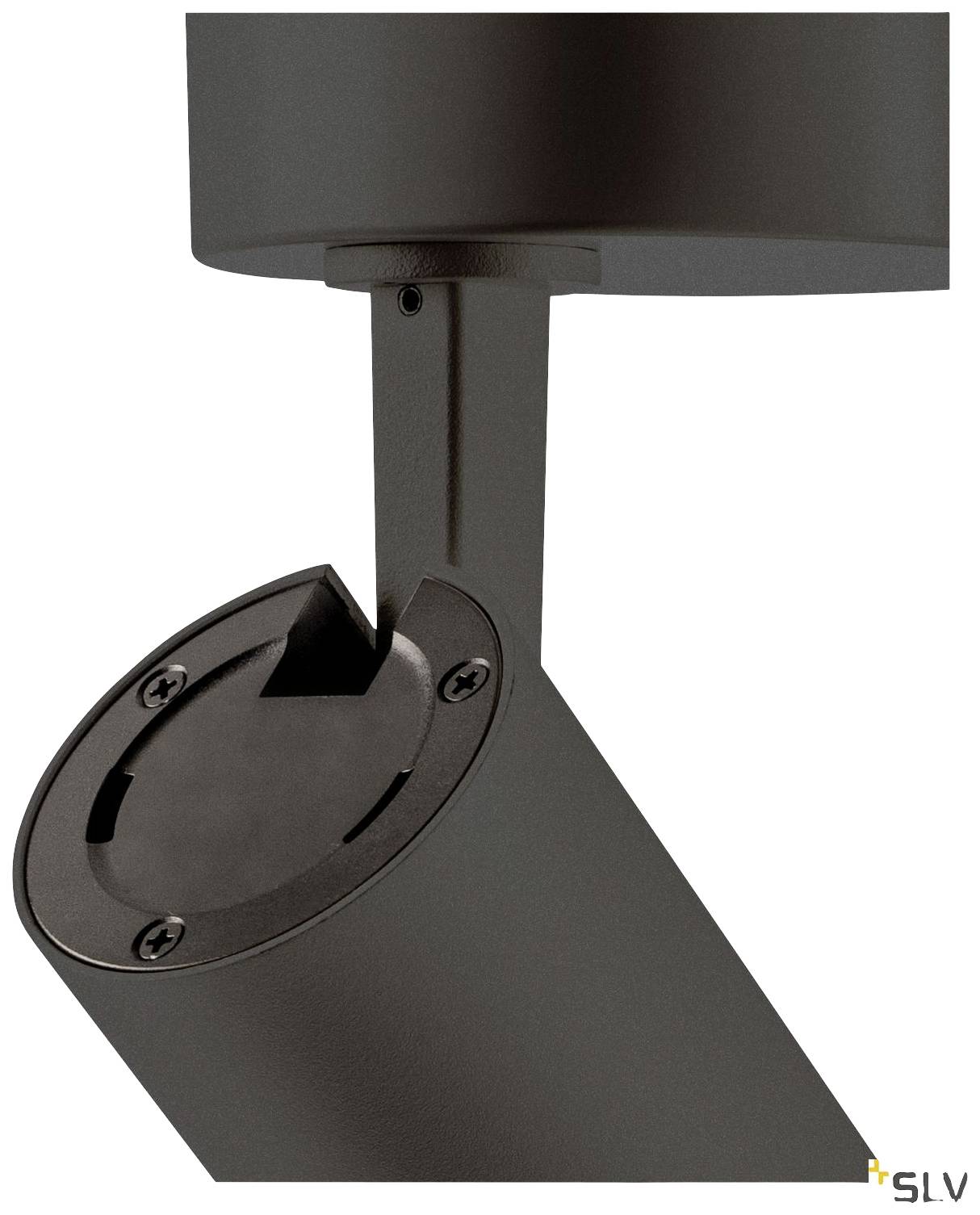 Reflektor z cylindryczną obudową i obrotowym ramieniem, przeznaczony do montażu sufitowego. Oznaczony małym logo 'SLV'.
