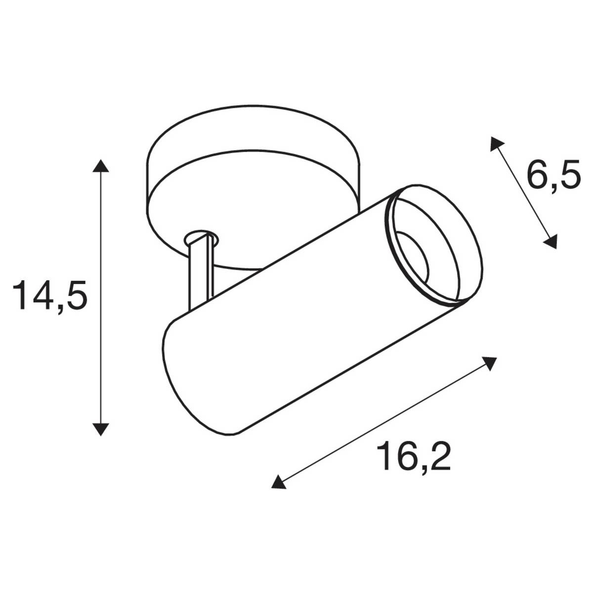 Rysunek cylindrycznej lampy sufitowej z wymiarami: wysokość 14,5 cm, długość 16,2 cm, średnica 6,5 cm.