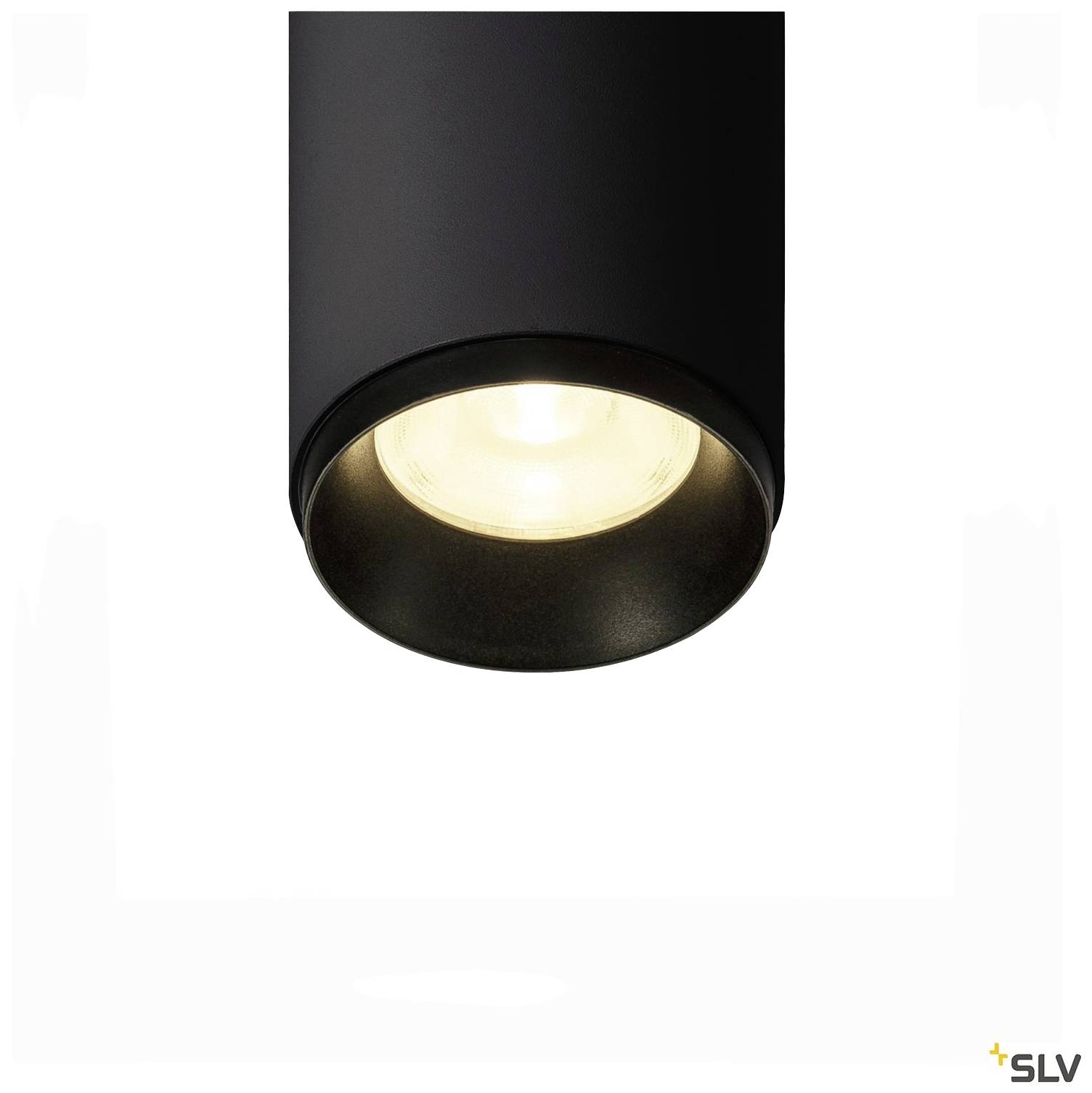Czarna cylindryczna lampa sufitowa z widocznym źródłem światła, minimalistyczny design, marka SLV.