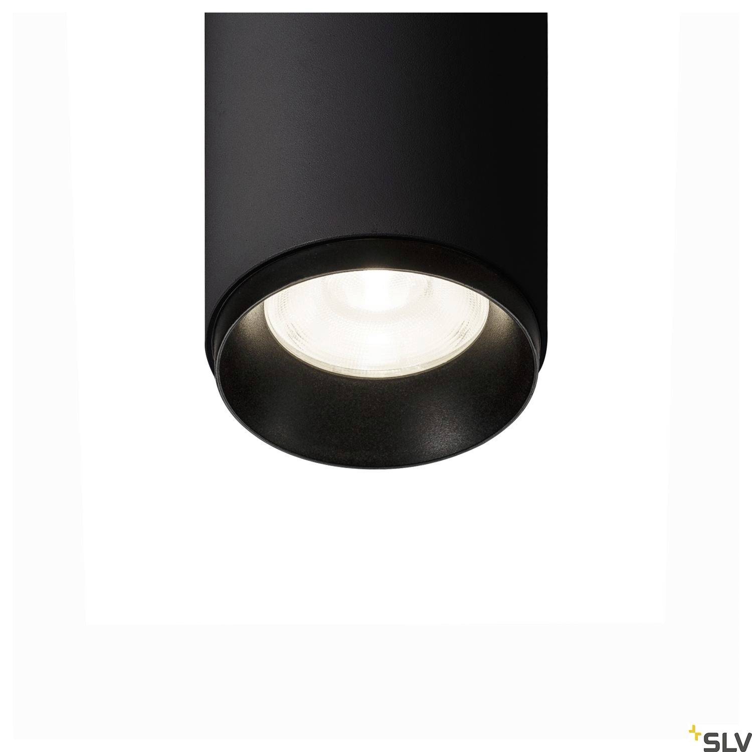 Czarna, cylindryczna lampa sufitowa z zintegrowanym reflektorem LED, idealna do nowoczesnych wnętrz.