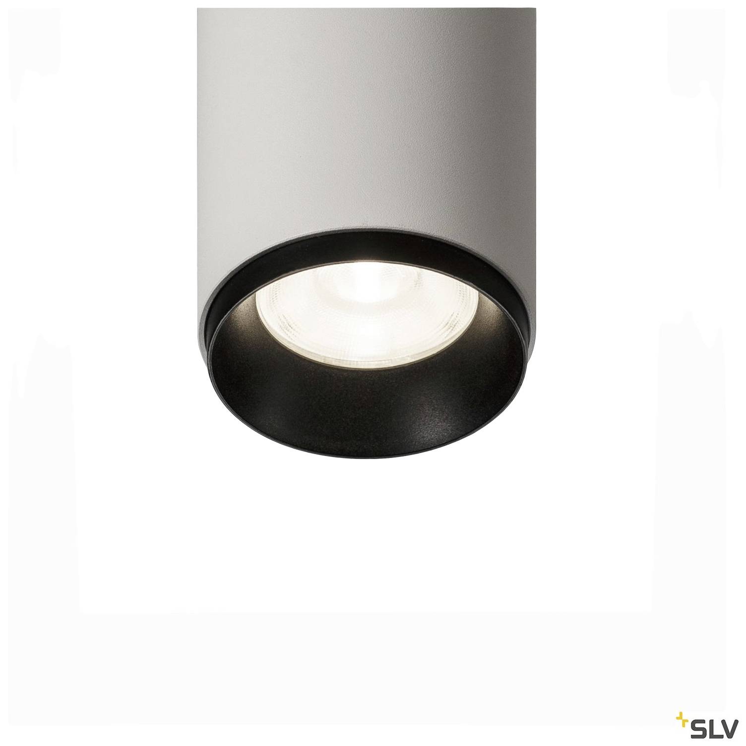 Lampa sufitowa cylindryczna w nowoczesnym stylu z czarną krawędzią i białą obudową, odpowiednia do oświetlenia wnętrz.
