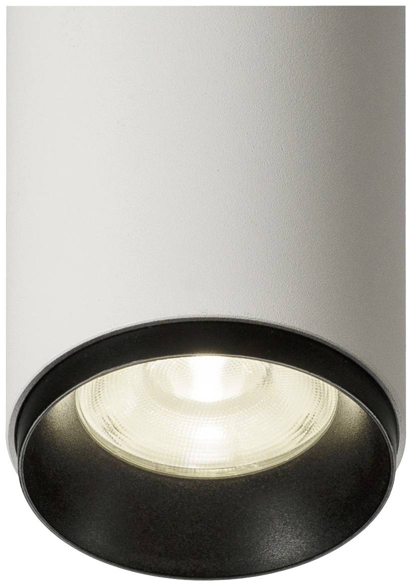Okrągła lampa sufitowa w cylindrycznej oprawie świeci jasno.