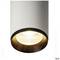 Lampa sufitowa w kształcie cylindra z odkrytym źródłem światła, o prostym designie w kolorach białym i czarnym, silnie oświetlająca przestrzeń poniżej.