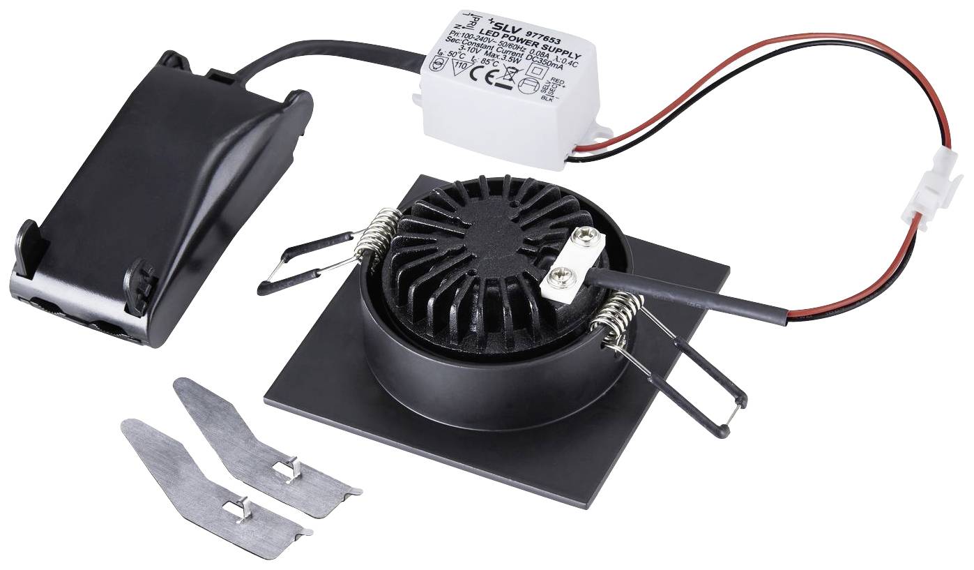 Pojedyncza oprawa LED do zabudowy z czarną obudową, osobnym zasilaczem i metalowymi mocowaniami, nadająca się do montażu sufitowego.