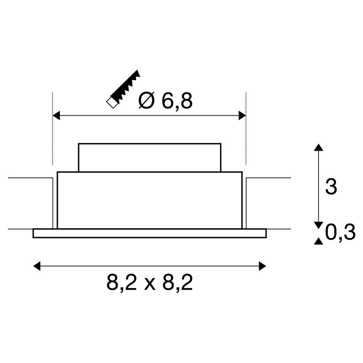 Rysunek techniczny obiektu cylindrycznego o wymiarach: średnica 6,8 mm, wysokość 3 mm, głębokość montażu 0,3 mm, powierzchnia podstawy 8,2 x 8,2 mm.