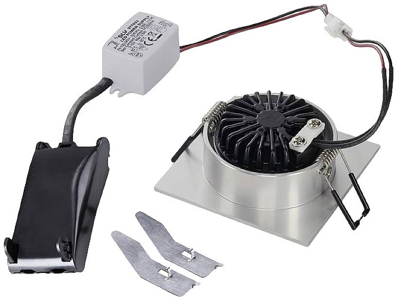 Zestaw montażowy do downlighta LED z uchwytem, sterownikiem i dwoma zaciskami mocującymi. Idealny do montażu sufitowego we wnętrzach.