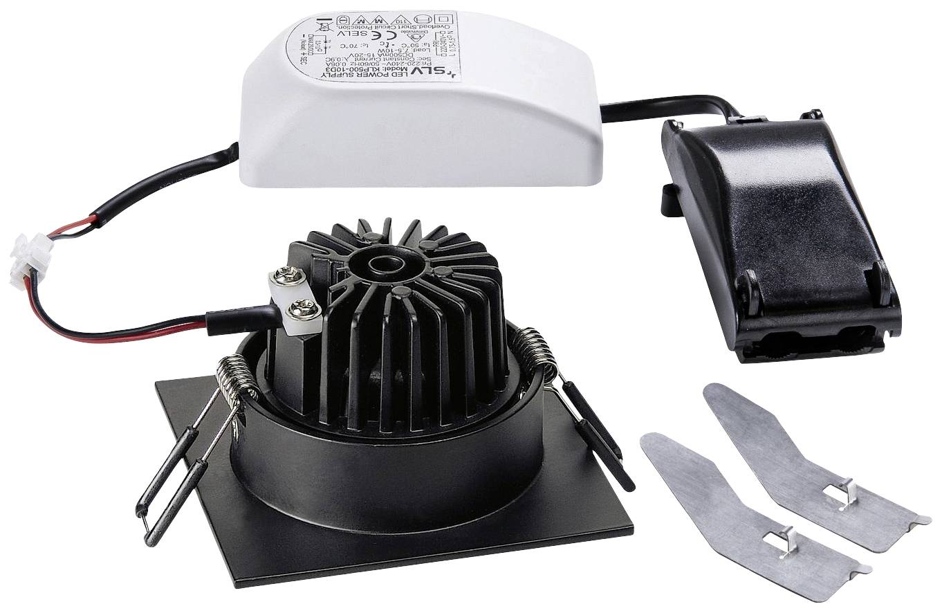 Zestaw okrągłych, czarnych opraw podtynkowych LED z białym konwerterem prądu i dwoma szarymi zaciskami mocującymi.