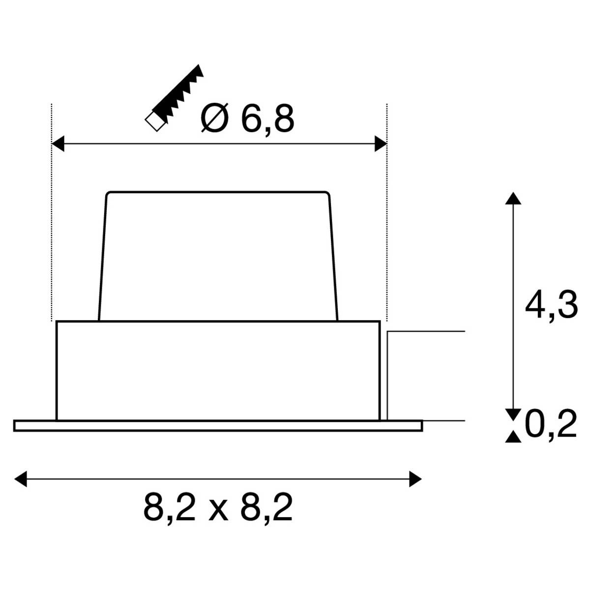 Diagram technicznego komponentu z wymiarami: średnica 6,8 mm, wysokość 4,3 mm, podstawa 8,2 x 8,2 mm, wysokość podstawy 0,2 mm.