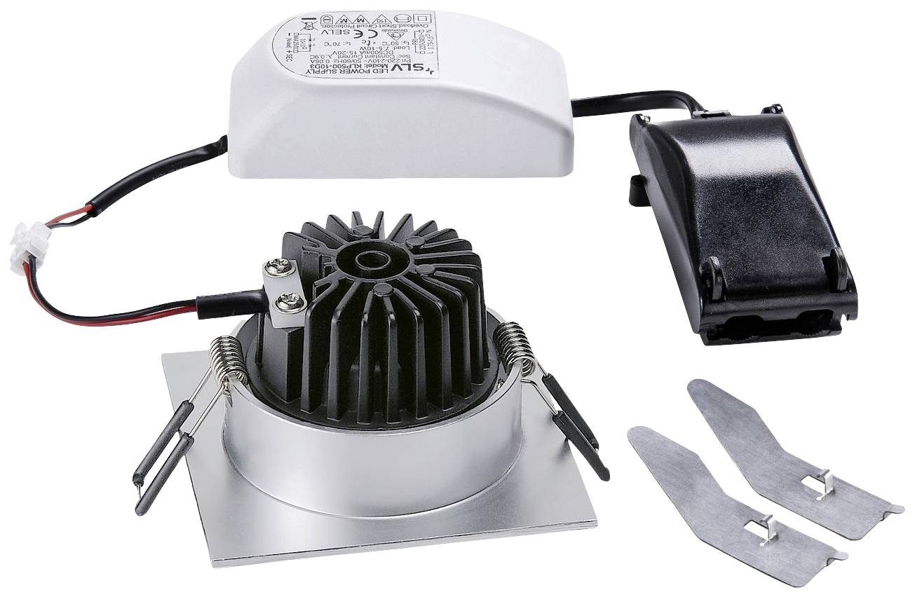 Zestaw oprawy LED downlight składający się z okrągłego korpusu świetlnego, zasilacza i materiałów montażowych, przeznaczony do instalacji podtynkowych.