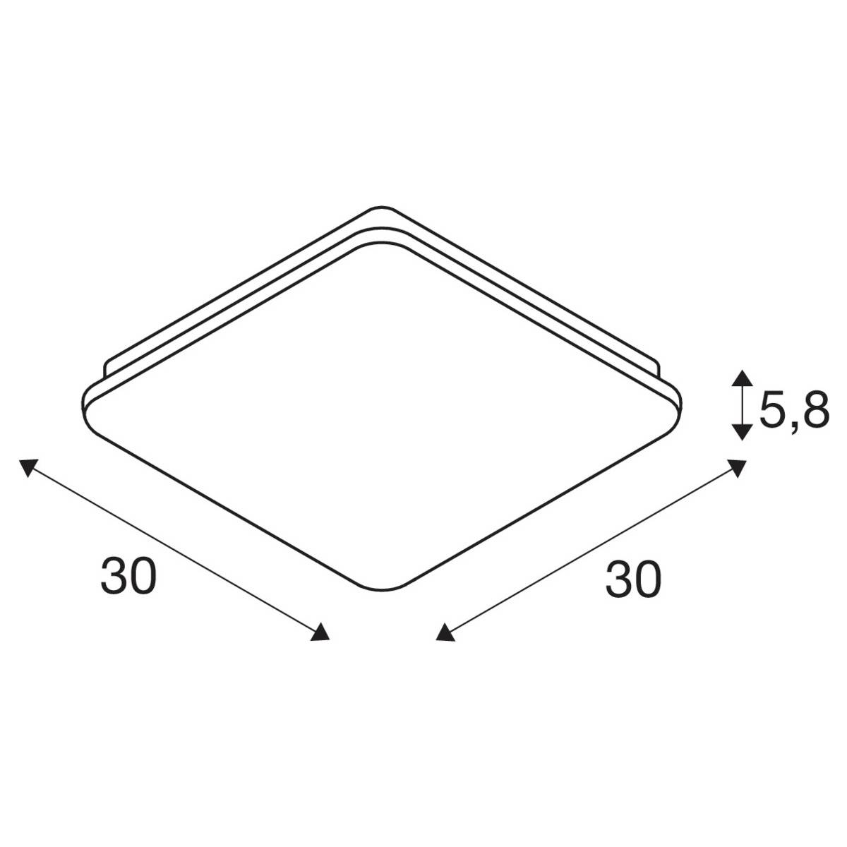 Kwadratowa lampa sufitowa: 30x30 cm, wysokość 5,8 cm.