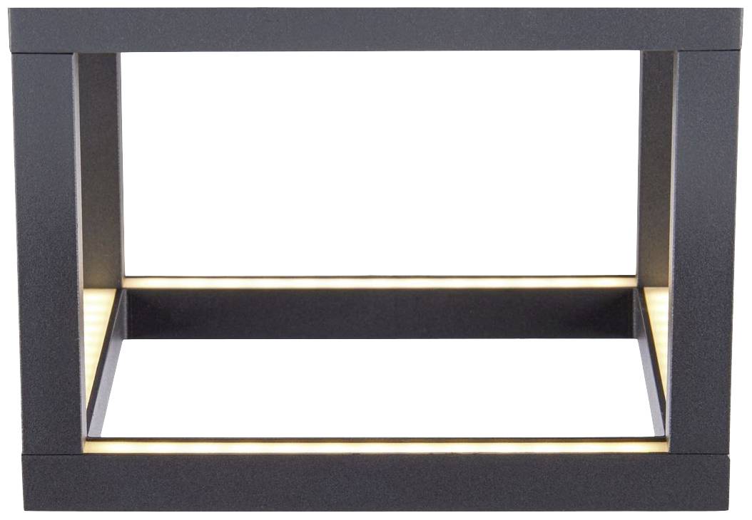 Prostokątna, otwarta rama stołu wykonana z ciemnego materiału, wyposażona w wbudowane oświetlenie wzdłuż wewnętrznych krawędzi.