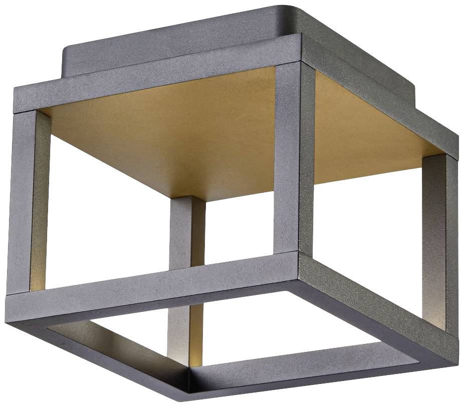 Nowoczesna lampa sufitowa w kształcie otwartego sześcianu, o metalicznym wykończeniu, emitująca ciepłe światło skierowane zarówno w górę, jak i w dół.