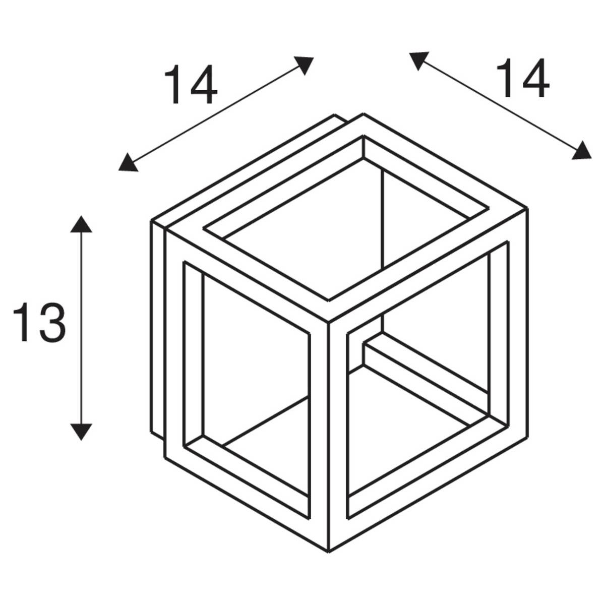 Rysunek sześcianu z otwartymi krawędziami, o długości boku 14, wysokości 13. Strzałki wskazują wymiary.