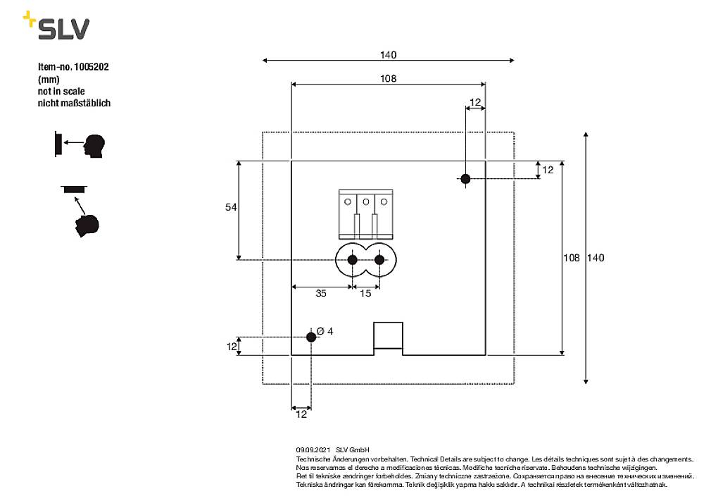 'Szkic przedstawia rysunek techniczny elementu elektrycznego z wymiarami w mm. Tytuł: SLV Artykuł 1002602. Rysunek nie jest wykonany w skali.'