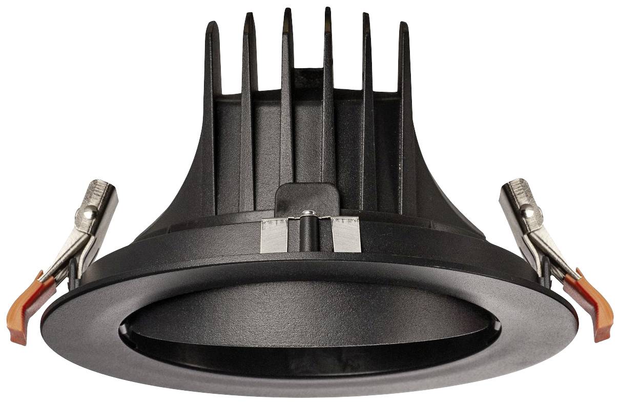 Okrągła czarna lampa LED typu downlight z żebrami chłodzącymi i zaczepami bocznymi do łatwego montażu w suficie.