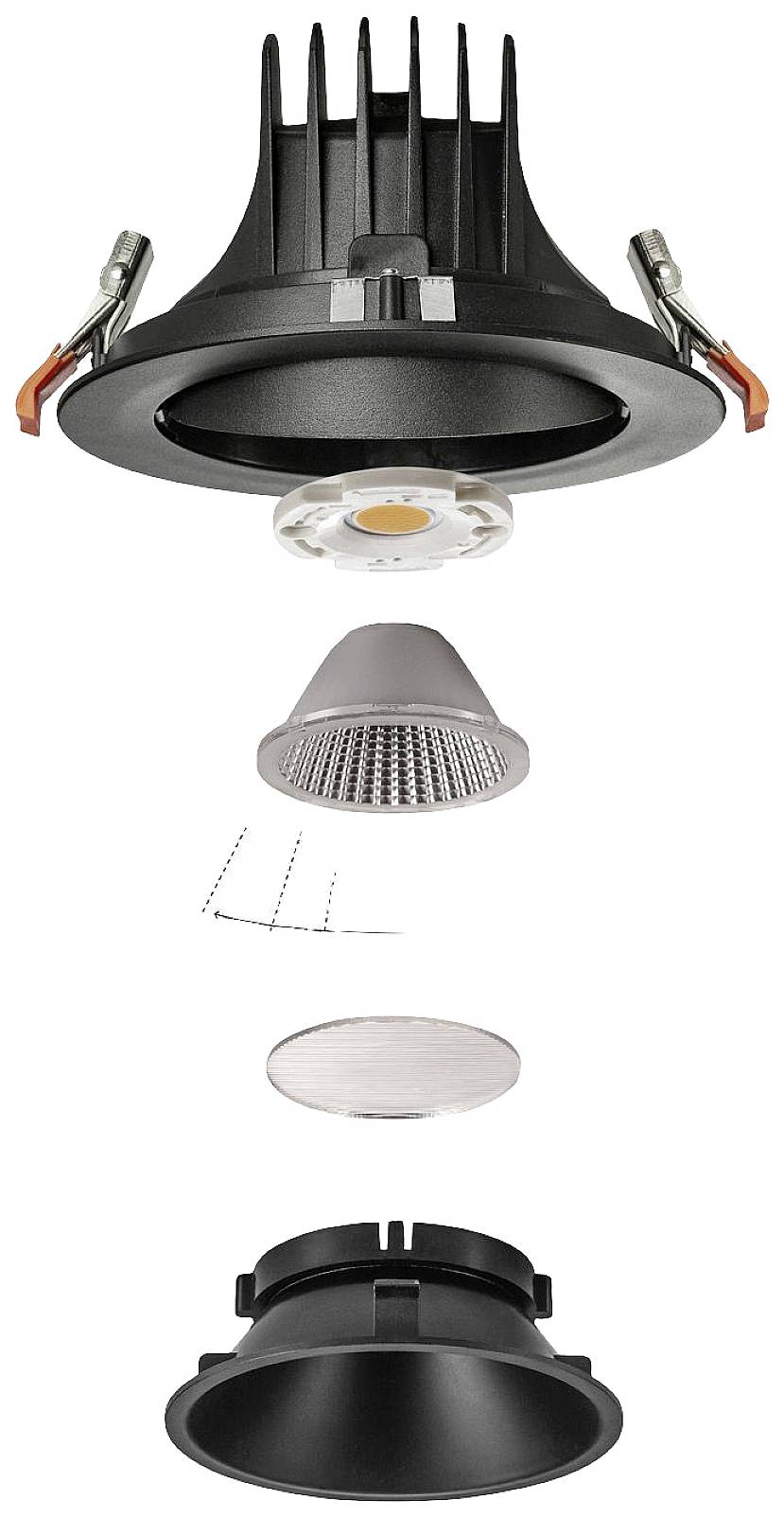 Rysunek rozstrzelony oprawy LED z radiatorem, modułem LED, reflektorem, osłoną i obudową.