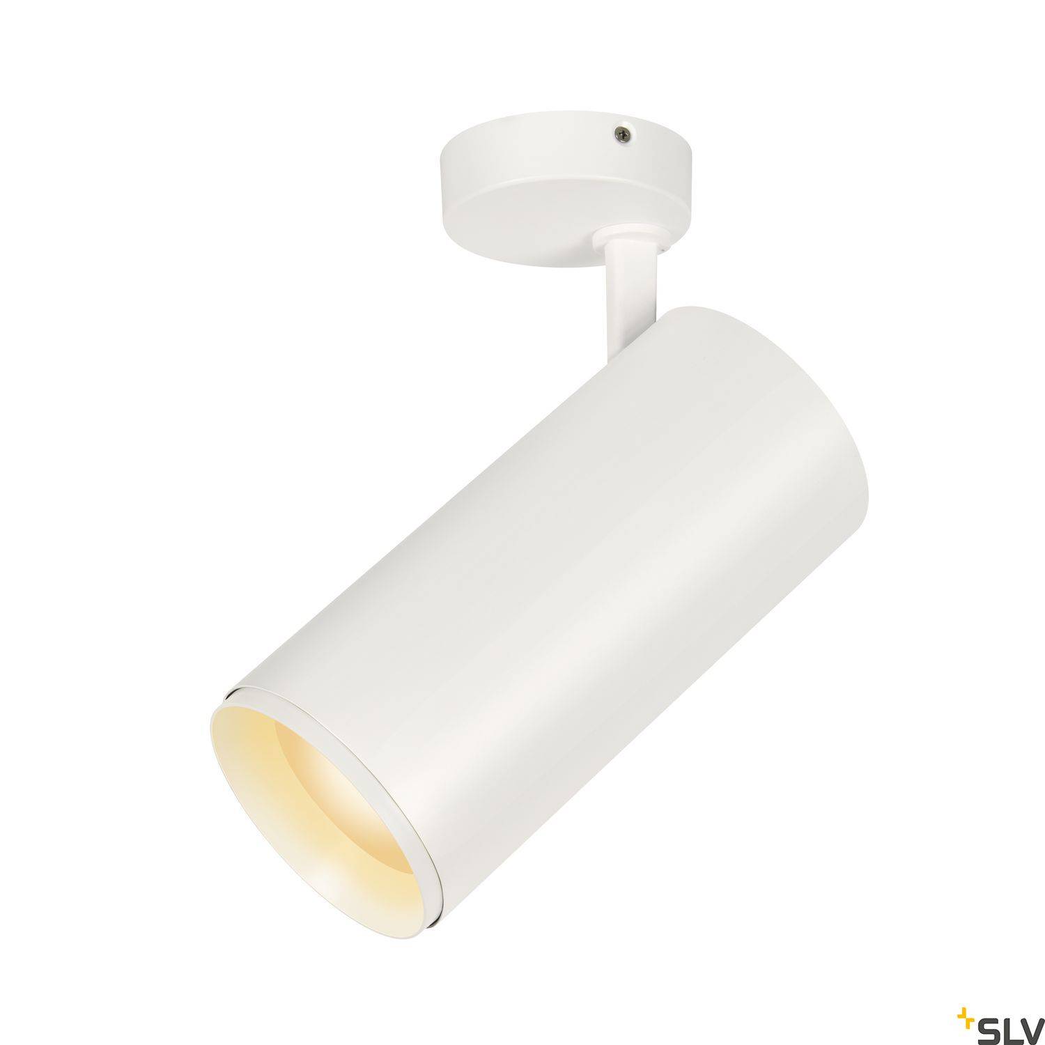 Biała, cylindryczna lampa sufitowa z obrotową głowicą, zamocowana na okrągłej podstawie. Minimalistyczny design dla nowoczesnego oświetlenia.