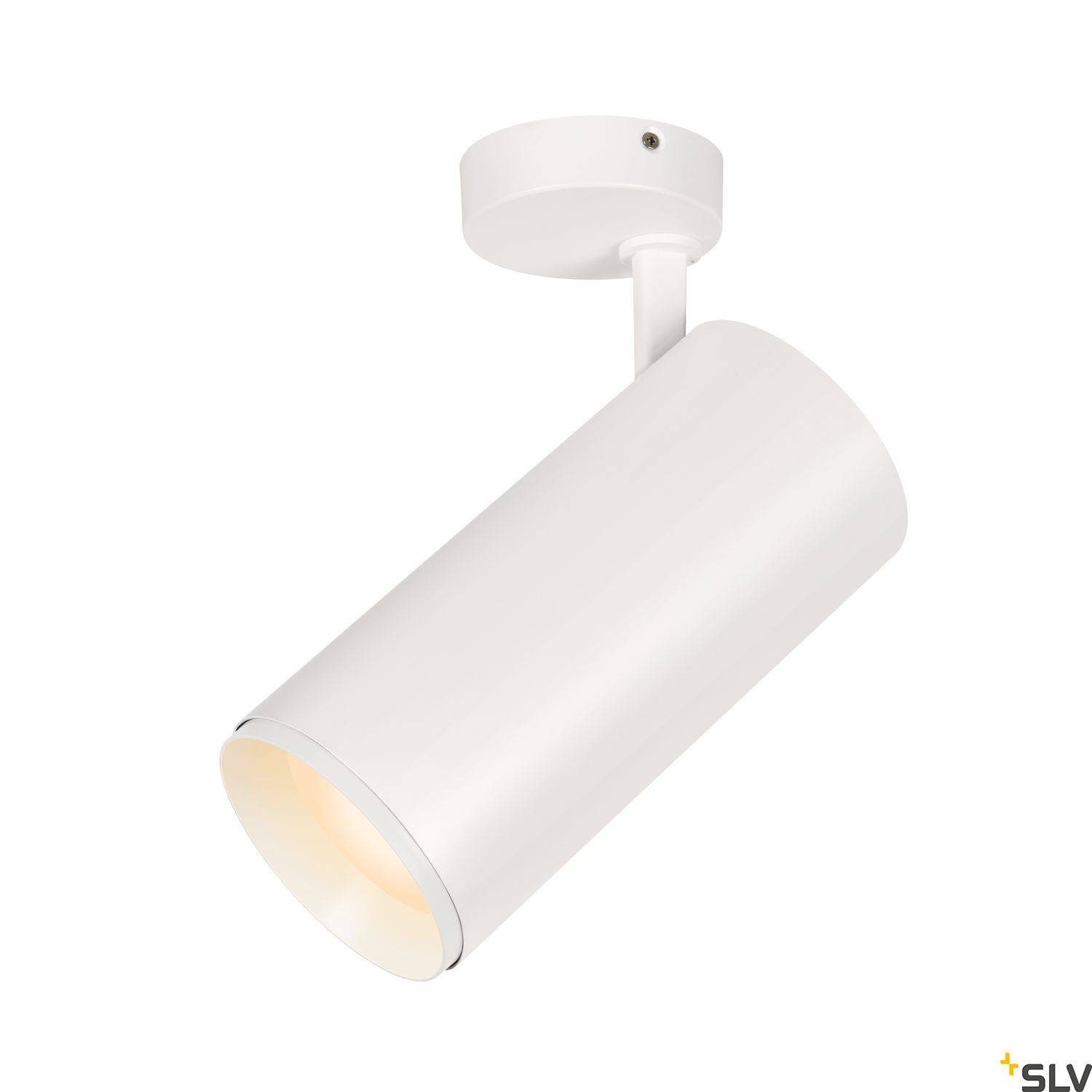 Biała cylindryczna lampa sufitowa z obrotową głowicą, zamontowana na okrągłej podstawie. Logo marki w dolnym rogu.