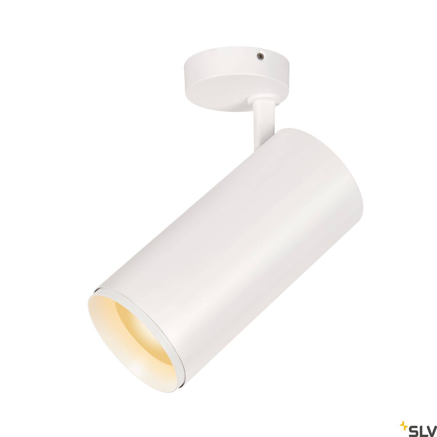 Biała, cylindryczna lampa sufitowa z obrotową głowicą świetlną, idealna do precyzyjnego oświetlenia wnętrz.