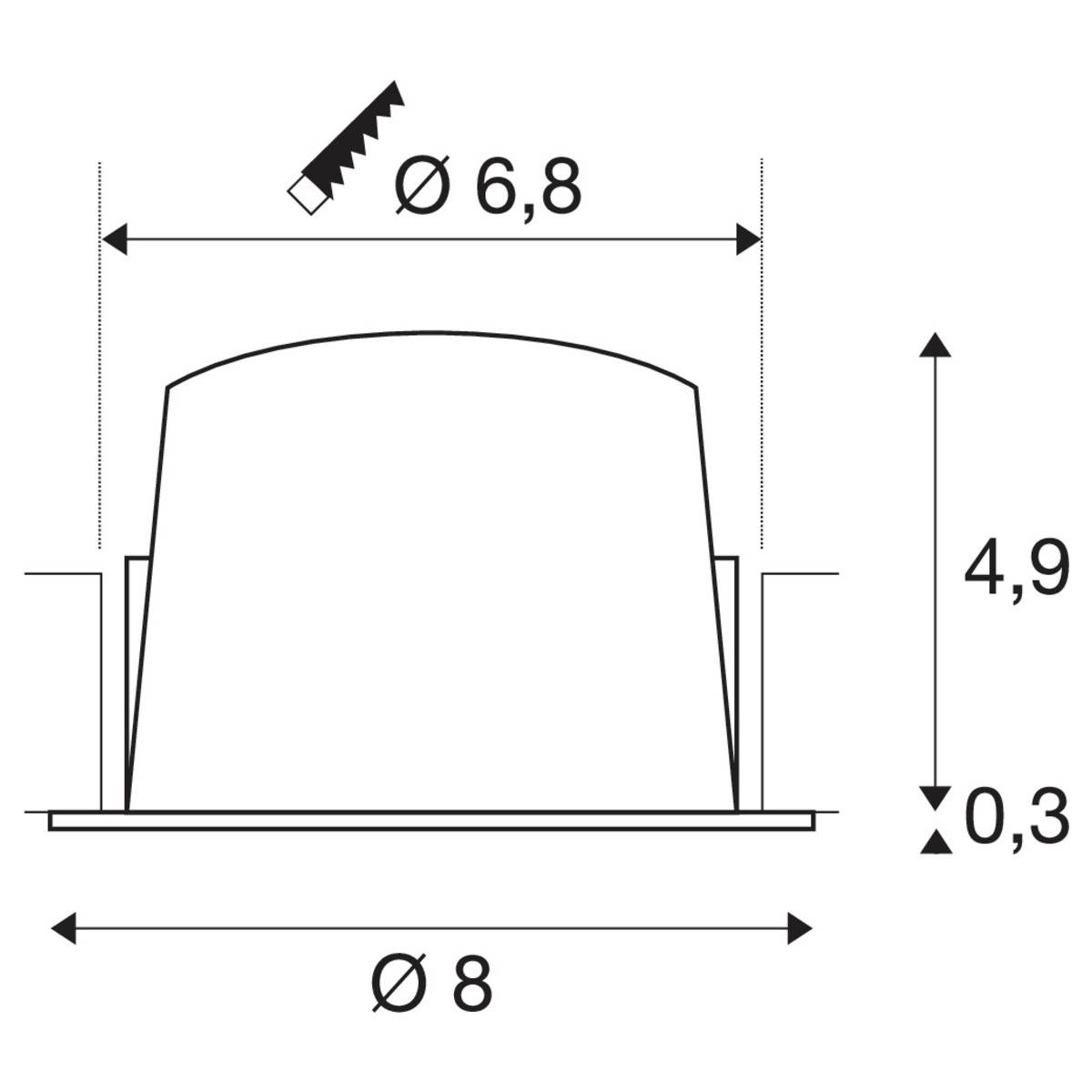 Rysunek techniczny cylindrycznego obiektu z wymiarami: średnica górna 6,8 cm, wysokość całkowita 4,9 cm, średnica podstawy 8 cm.