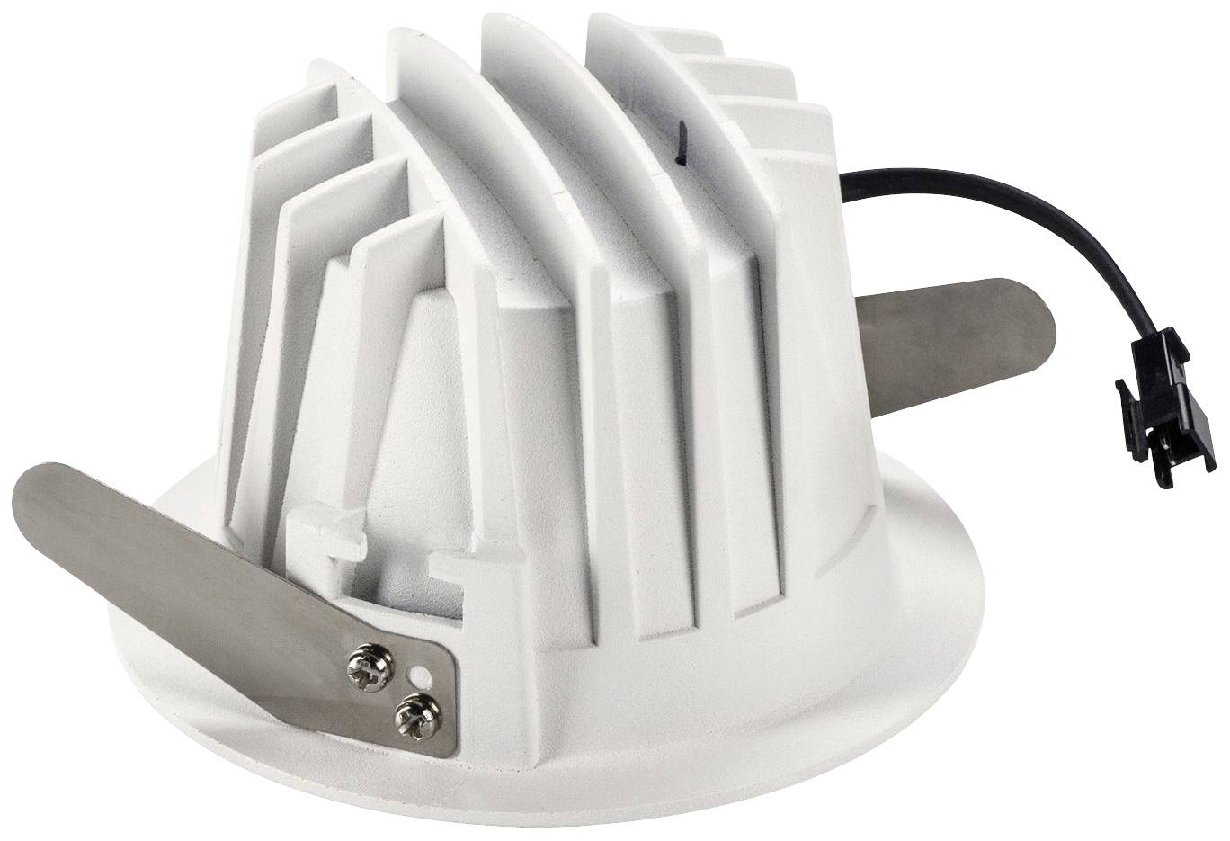 Okrągły, biały downlight LED z żeberkami chłodzącymi i złączami. Odpowiedni do montażu sufitowego w oświetleniu mieszkaniowym lub komercyjnym.