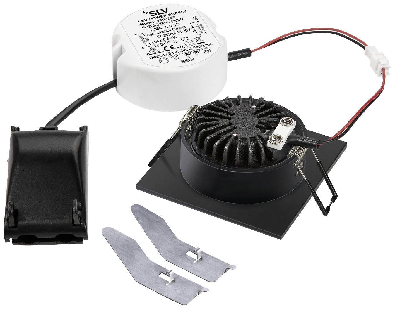 Zestaw instalacyjny LED składający się z białego sterownika LED, czarnej oprawy wpuszczanej oraz materiałów montażowych, na białym tle.