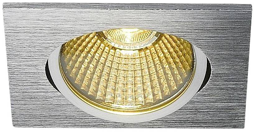 Prostokątna oprawa LED wpuszczana w sufit, z szczotkowaną metalową ramką, emituje ciepłe, białe światło.