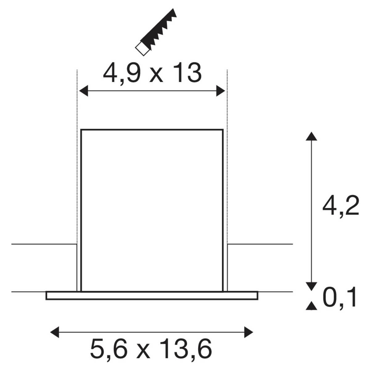 Rysunek techniczny obiektu kwadratowego z wymiarami: szerokość 5,6 cm; wysokość 4,2 cm; głębokość 0,1 cm. Wymiary podane w cm.