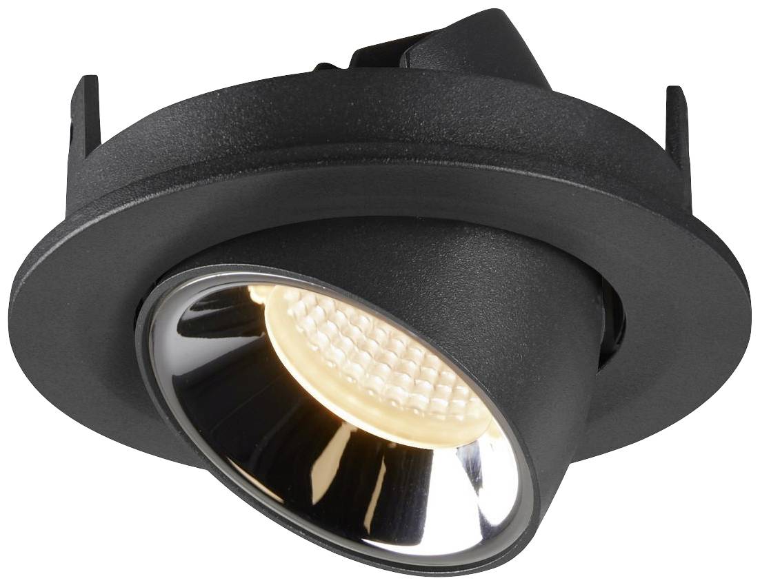 Czarny spot LED z okrągłą ramką i obrotową głowicą, idealny do precyzyjnego oświetlenia wnętrz.