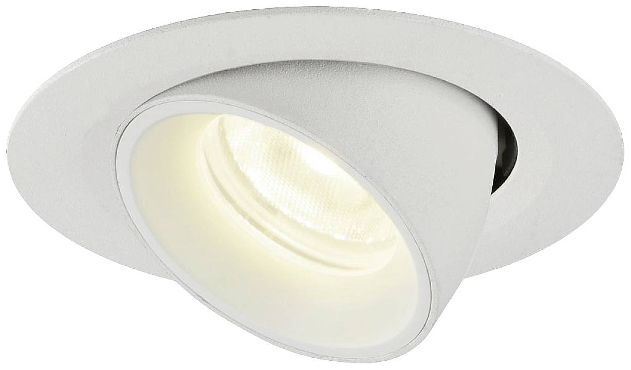 Biały, obrotowy spot sufitowy z zintegrowanym źródłem światła LED, emitujący ciepłe światło, idealny do nowoczesnych wnętrz.