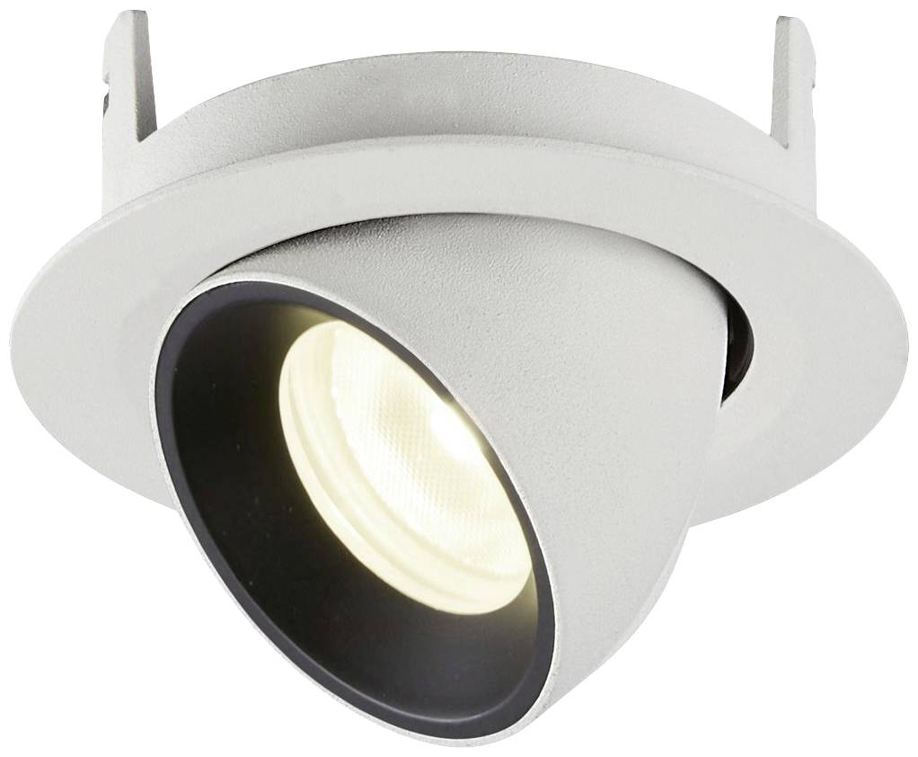 Biała wpuszczana lampa sufitowa z obrotowym reflektorem LED. Idealna do precyzyjnego oświetlenia we współczesnych wnętrzach.