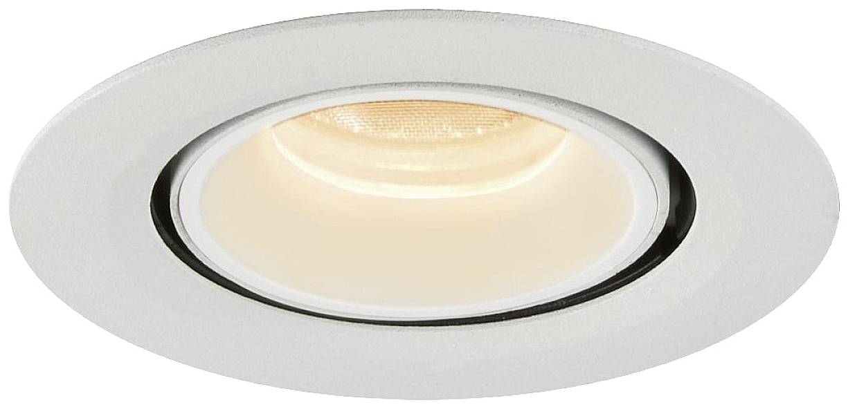 Wpuszczany downlight LED z okrągłą, białą ramką. Emituje ciepłe białe światło i nadaje się do montażu sufitowego.