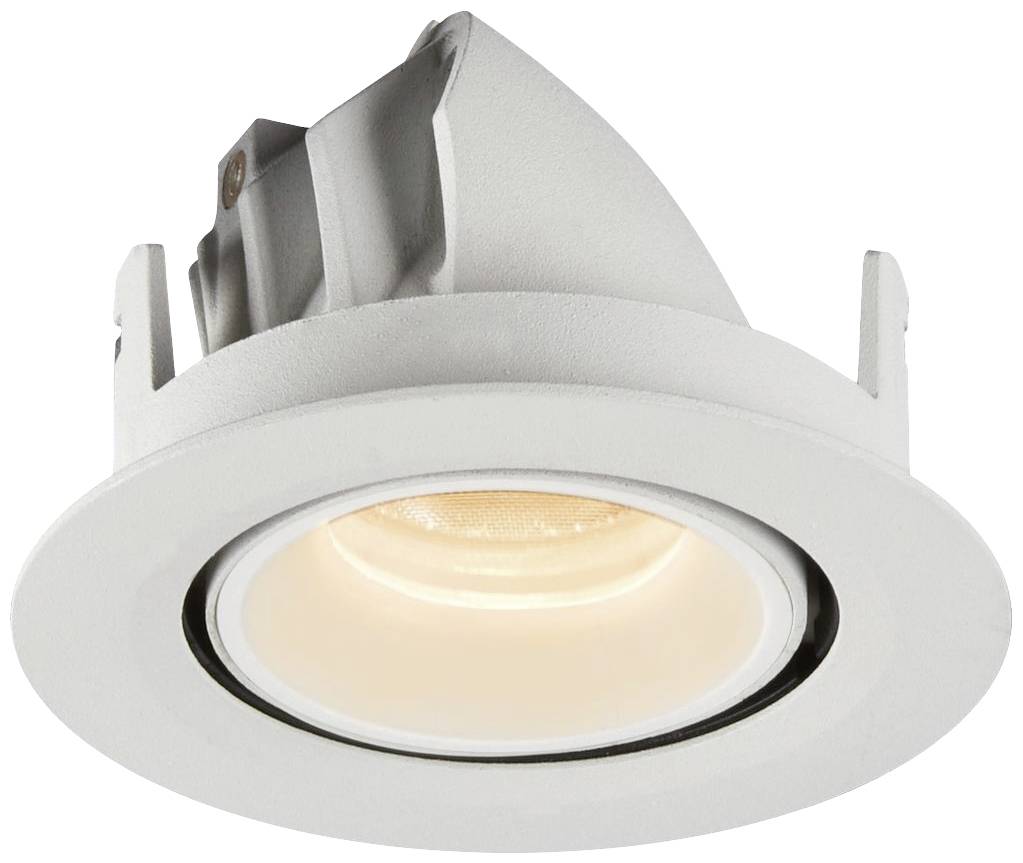 Okrągła lampa sufitowa LED z białą obudową, mocowaniem bocznym i ciepłym, białym światłem.