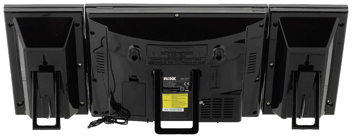 Widok z tyłu zestawu telewizyjnego lub komputerowego ze złożonymi z dwóch głośników po bokach i centralnym monitorem. Kable są widoczne.