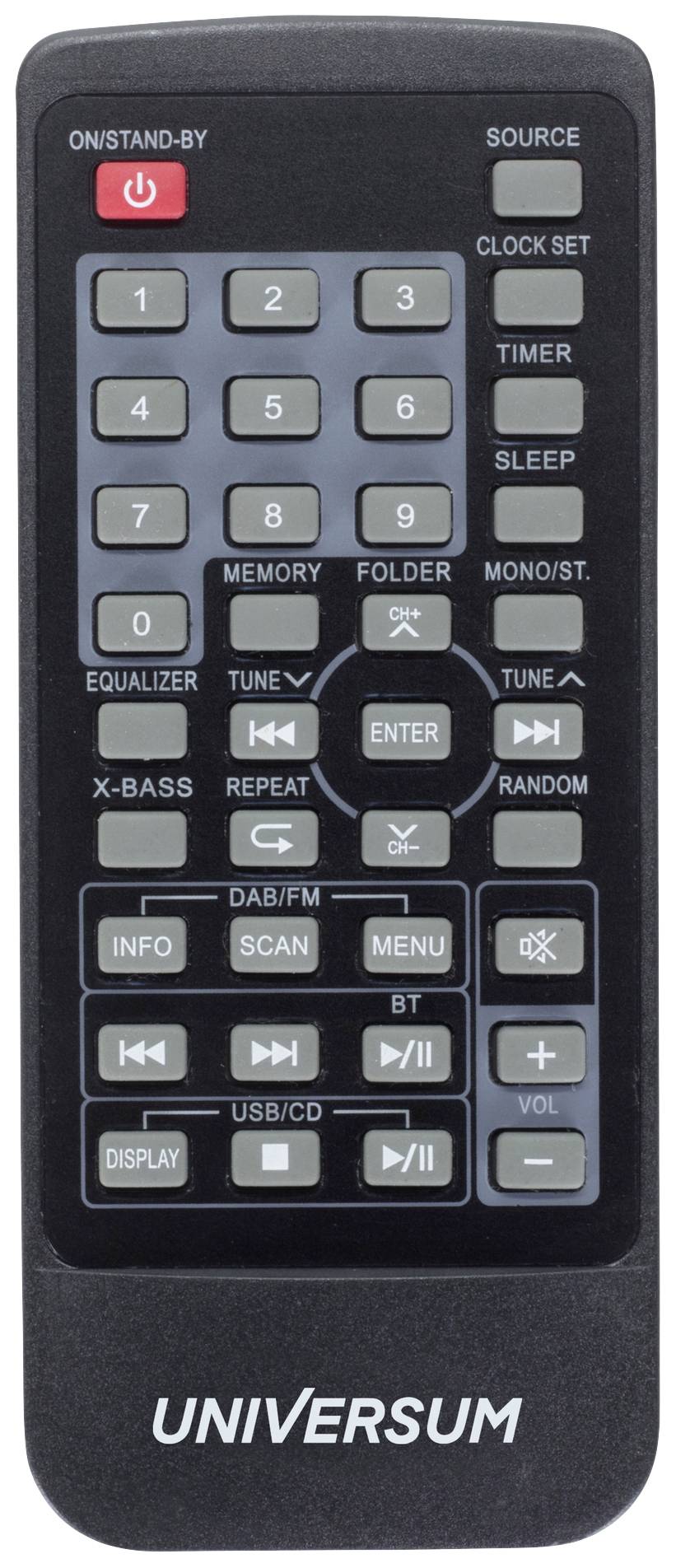 Pilot zdalnego sterowania z przyciskami do sterowania funkcjami takimi jak źródło, czas, timer, equalizer i głośność. Oznaczony napisem 'UNIVERSUM'.