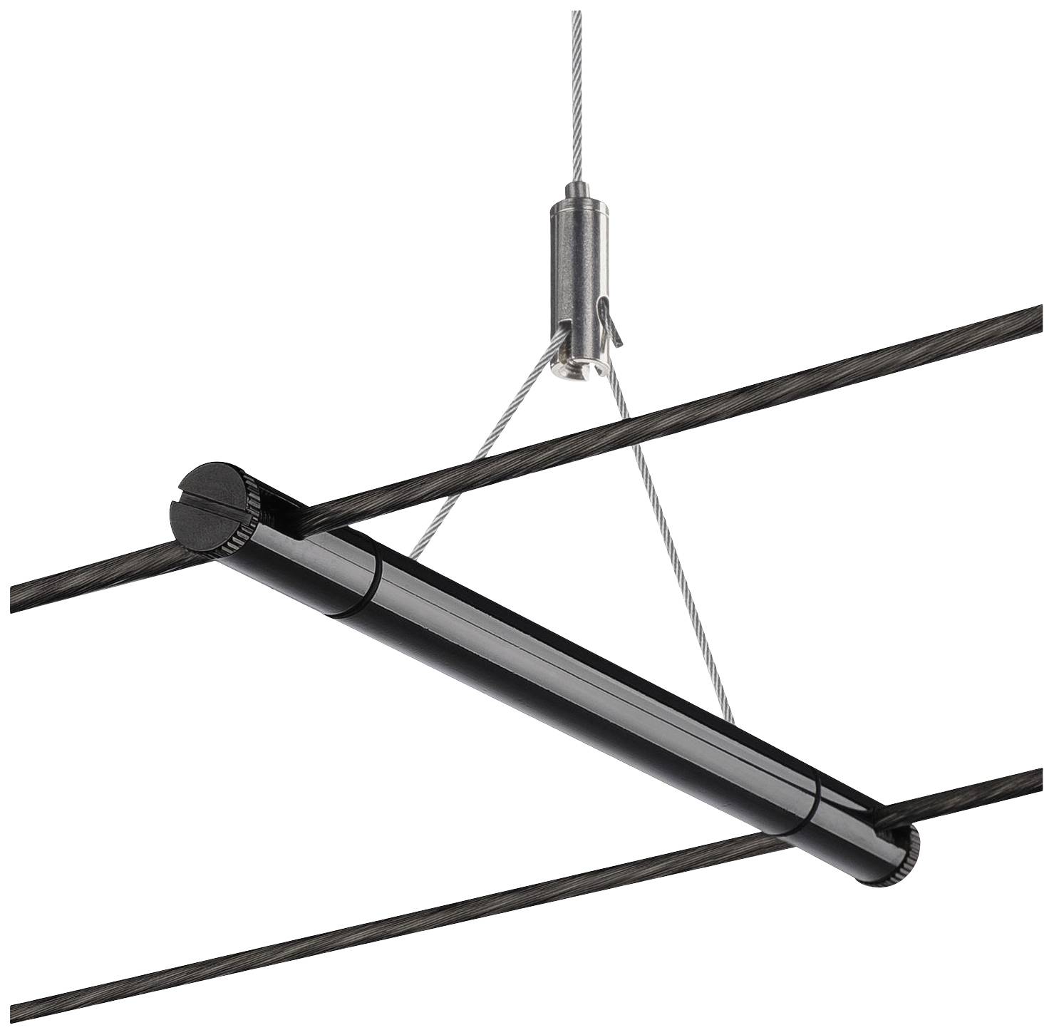Czarna cylindryczna lampa wisząca na linkach stalowych, zawieszona u sufitu, o nowoczesnym i minimalistycznym designie.